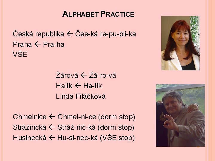 ALPHABET PRACTICE Česká republika Čes-ká re-pu-bli-ka Praha Pra-ha VŠE Žárová Žá-ro-vá Halík Ha-lík Linda