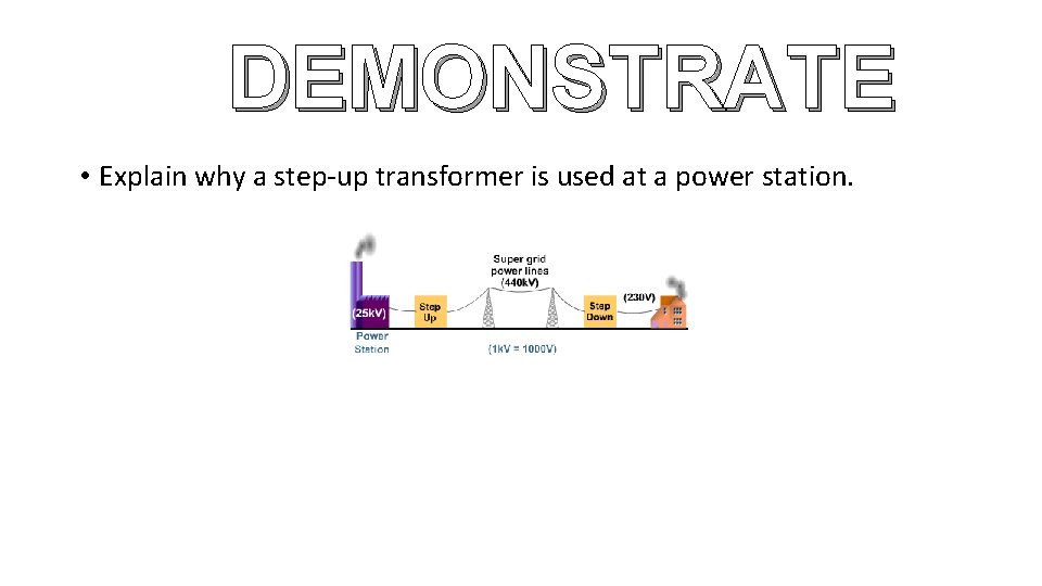 DEMONSTRATE • Explain why a step-up transformer is used at a power station. 