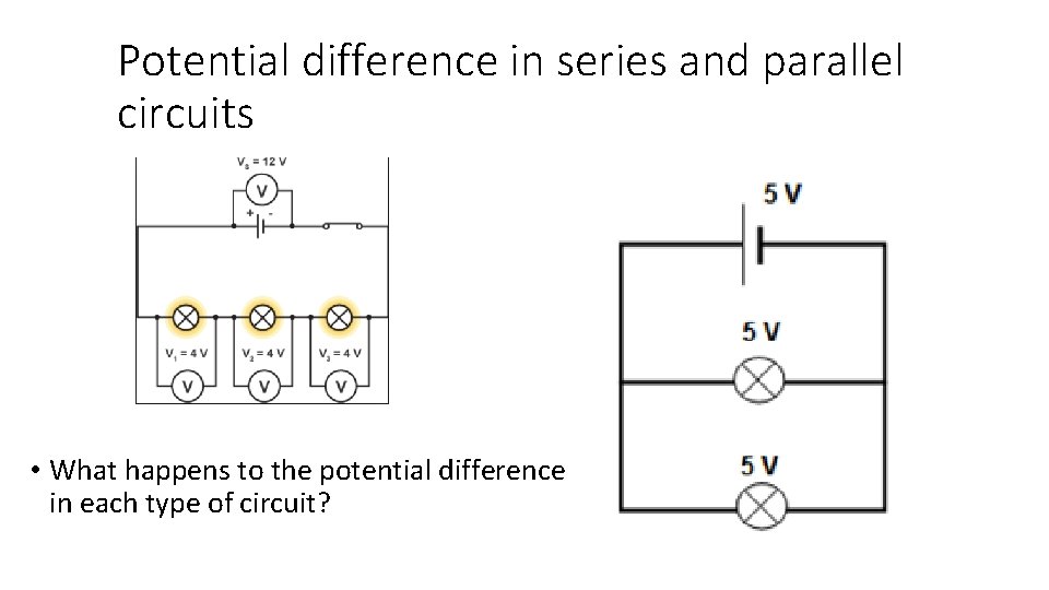 Potential difference in series and parallel circuits • What happens to the potential difference