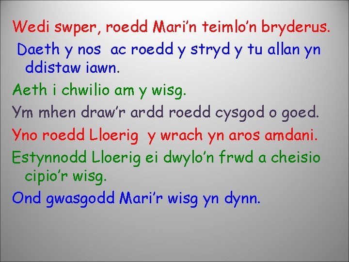 Wedi swper, roedd Mari’n teimlo’n bryderus. Daeth y nos ac roedd y stryd y