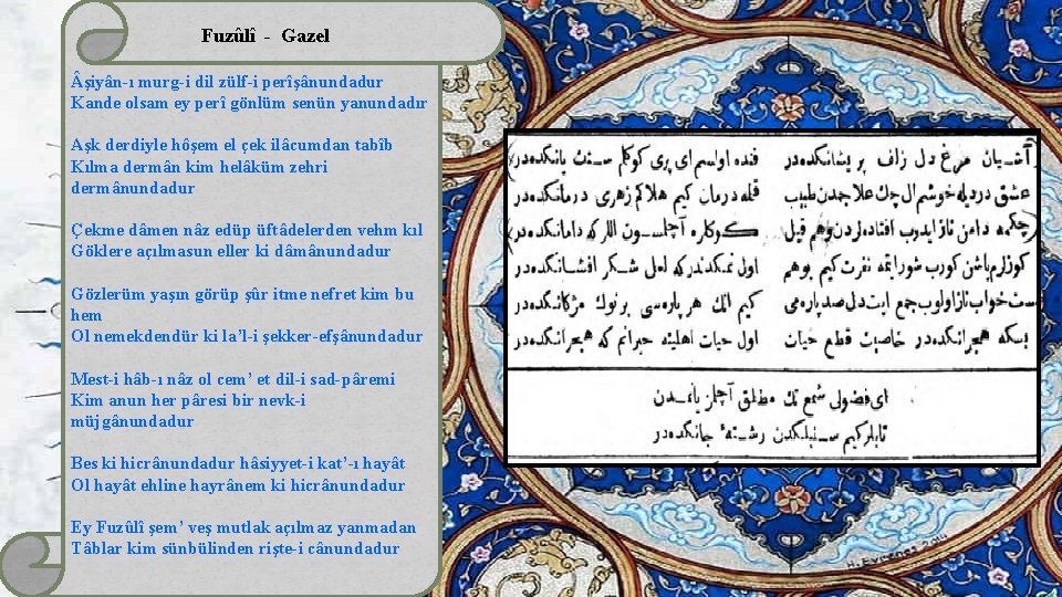 Fuzûlî - Gazel şiyân-ı murg-i dil zülf-i perîşânundadur Kande olsam ey perî gönlüm senün