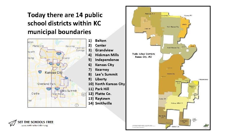 Today there are 14 public school districts within KC municipal boundaries 1) 2) 3)