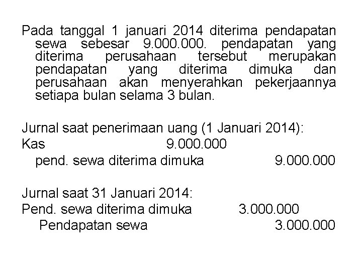 Pada tanggal 1 januari 2014 diterima pendapatan sewa sebesar 9. 000. pendapatan yang diterima