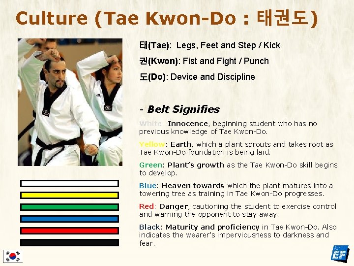 Culture (Tae Kwon-Do : 태권도) 태(Tae): Legs, Feet and Step / Kick 권(Kwon): Fist