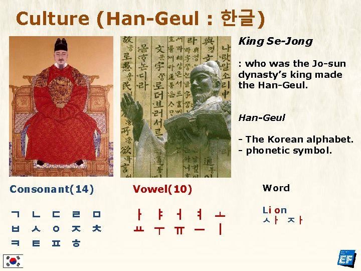 Culture (Han-Geul : 한글) King Se-Jong : who was the Jo-sun dynasty’s king made