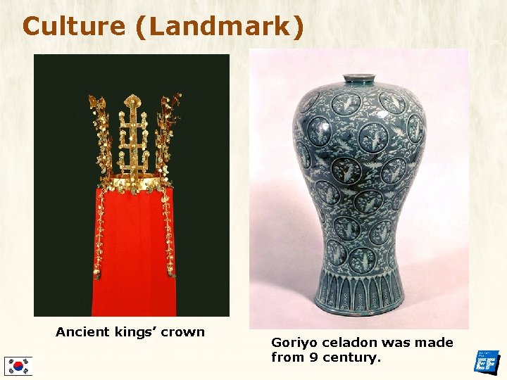 Culture (Landmark) Ancient kings’ crown Goriyo celadon was made from 9 century. 
