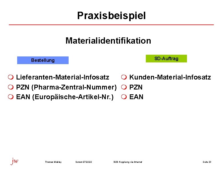 Praxisbeispiel Materialidentifikation SD-Auftrag Bestellung m Lieferanten-Material-Infosatz m Kunden-Material-Infosatz m PZN (Pharma-Zentral-Nummer) m PZN m