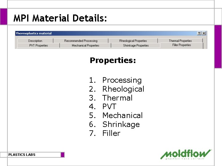 MPI Material Details: Properties: 1. 2. 3. 4. 5. 6. 7. PLASTICS LABS Processing