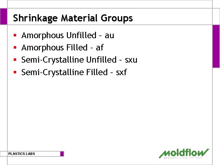 Shrinkage Material Groups § § Amorphous Unfilled – au Amorphous Filled - af Semi-Crystalline
