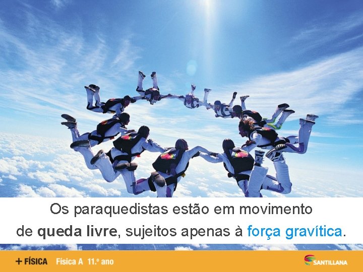 Os paraquedistas estão em movimento de queda livre, sujeitos apenas à força gravítica. 