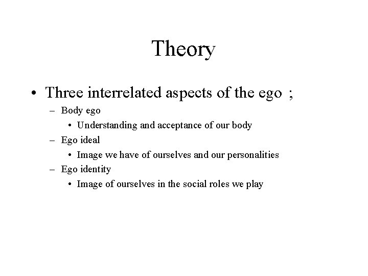 Theory • Three interrelated aspects of the ego ; – Body ego • Understanding