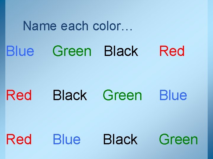 Name each color… Blue Green Black Red Black Green Blue Red Blue Black Green