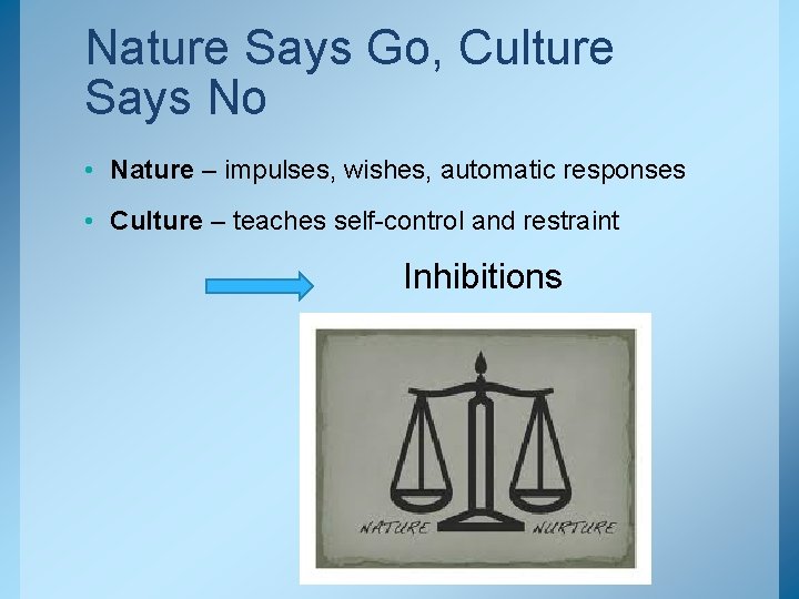 Nature Says Go, Culture Says No • Nature – impulses, wishes, automatic responses •