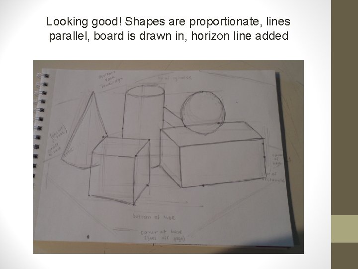 Looking good! Shapes are proportionate, lines parallel, board is drawn in, horizon line added