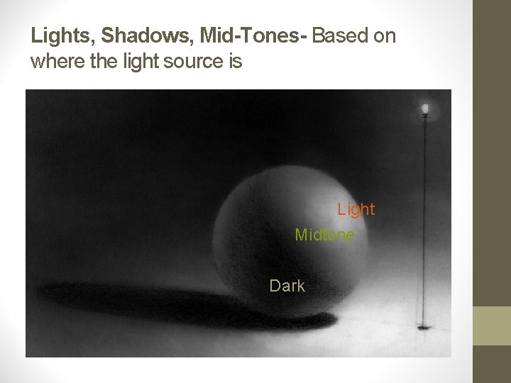 Lights, Shadows, Mid-Tones- Based on where the light source is Light Midtone Dark 