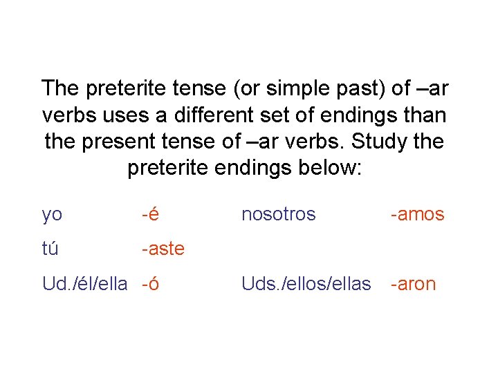 The preterite tense (or simple past) of –ar verbs uses a different set of