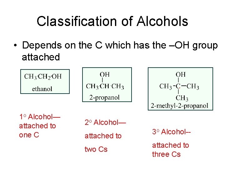 Classification of Alcohols • Depends on the C which has the –OH group attached Classification of Alcohols • Depends on the C which has the –OH group attached