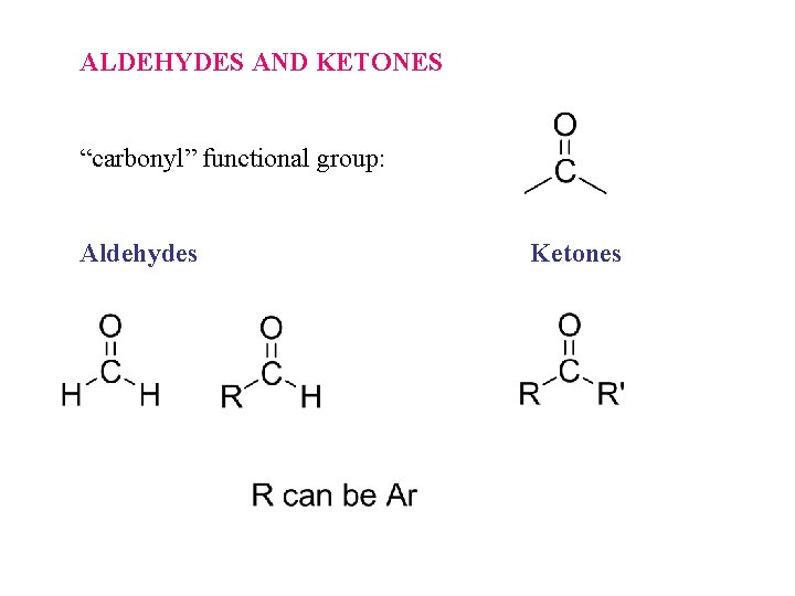 ALDEHYDES AND KETONES “carbonyl” functional group: Aldehydes Ketones ALDEHYDES AND KETONES “carbonyl” functional group: Aldehydes Ketones