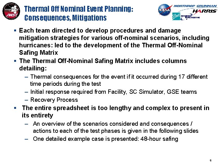 Thermal Off Nominal Event Planning: Consequences, Mitigations § Each team directed to develop procedures