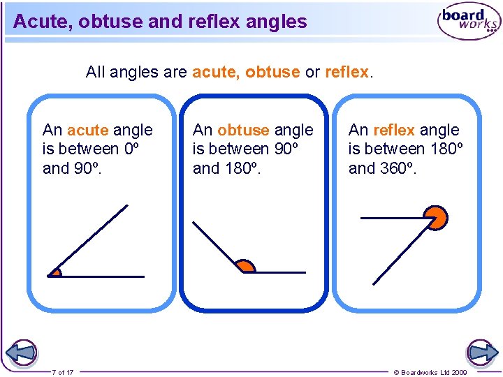 Acute, obtuse and reflex angles All angles are acute, obtuse or reflex. An acute