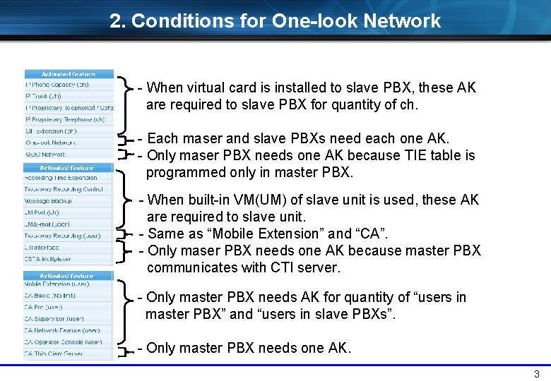 2. Conditions for One-look Network - When virtual card is installed to slave PBX,