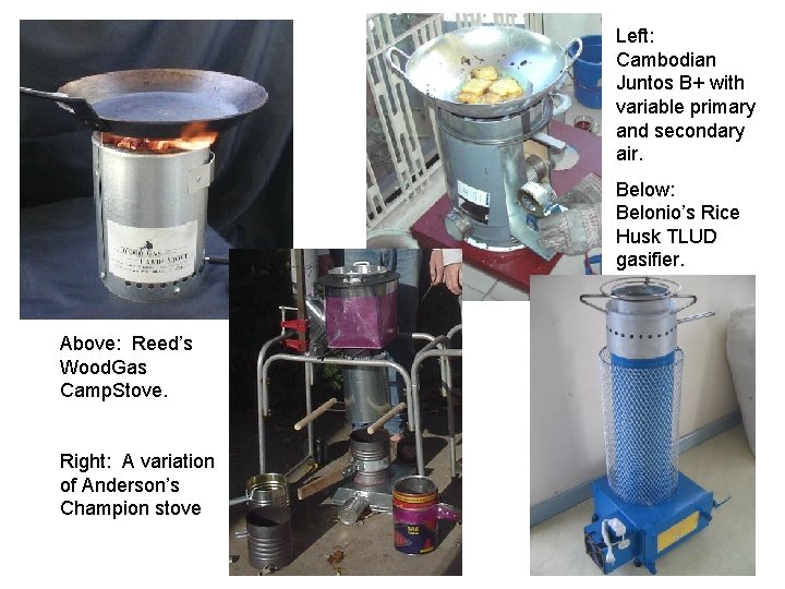 Left: Cambodian Juntos B+ with variable primary and secondary air. Below: Belonio’s Rice Husk