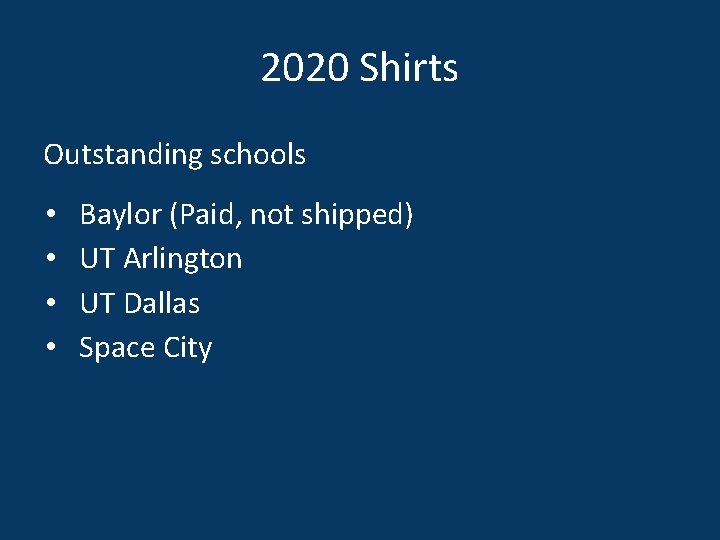 2020 Shirts Outstanding schools • • Baylor (Paid, not shipped) UT Arlington UT Dallas
