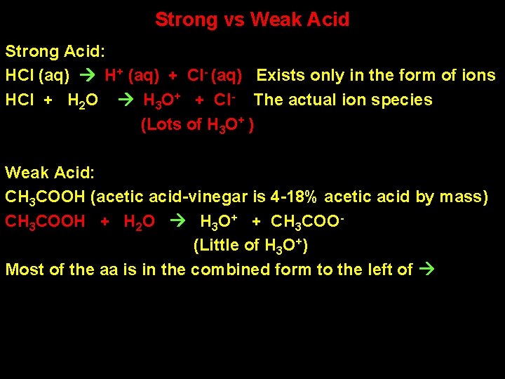 Strong vs Weak Acid Strong Acid: HCl (aq) H+ (aq) + Cl- (aq) Exists