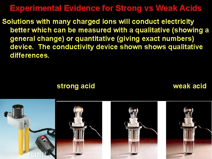 Experimental Evidence for Strong vs Weak Acids Solutions with many charged ions will conduct
