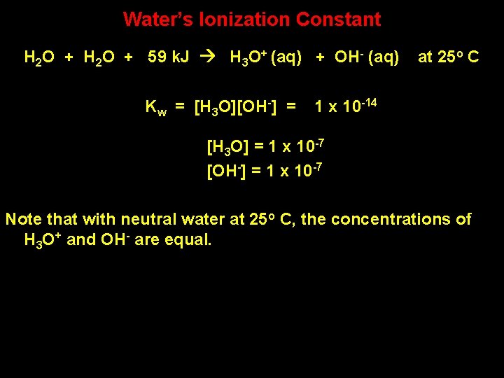 Water’s Ionization Constant H 2 O + 59 k. J H 3 O+ (aq)