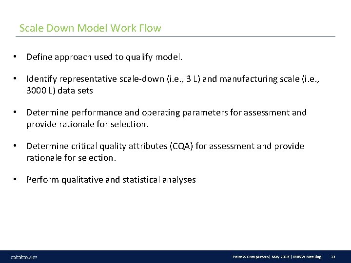 Scale Down Model Work Flow • Define approach used to qualify model. • Identify
