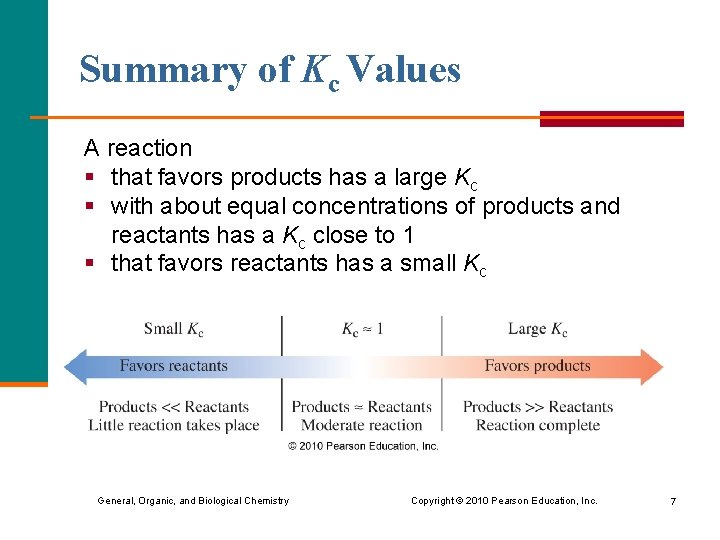 Summary of Kc Values A reaction § that favors products has a large Kc
