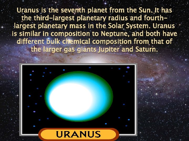 Uranus is the seventh planet from the Sun. It has the third-largest planetary radius