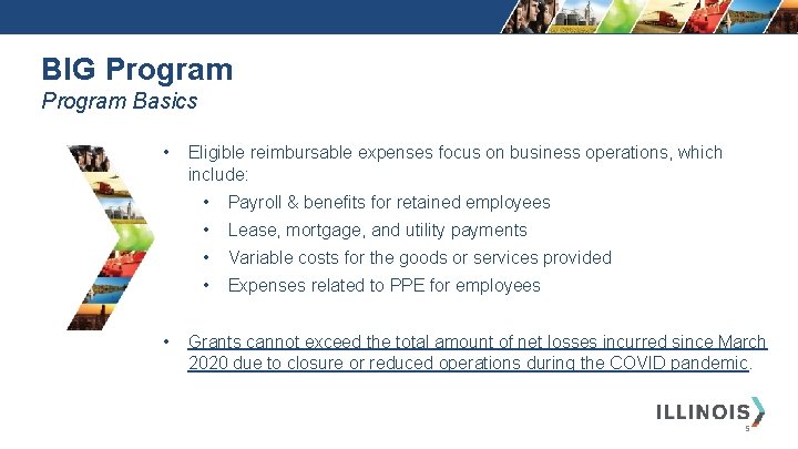 BIG Program Basics • • Eligible reimbursable expenses focus on business operations, which include: