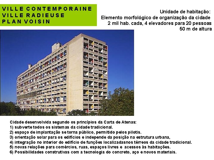 VILLE CONTEMPORAINE VILLE RADIEUSE PLAN VOISIN Unidade de habitação: Elemento morfológico de organização da