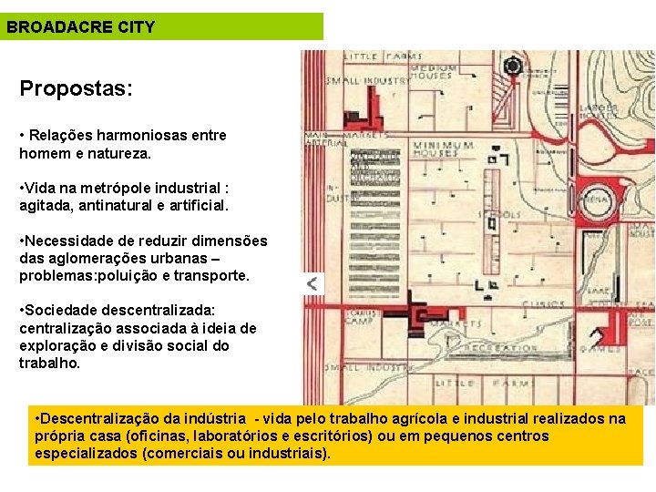 BROADACRE CITY Propostas: • Relações harmoniosas entre homem e natureza. • Vida na metrópole