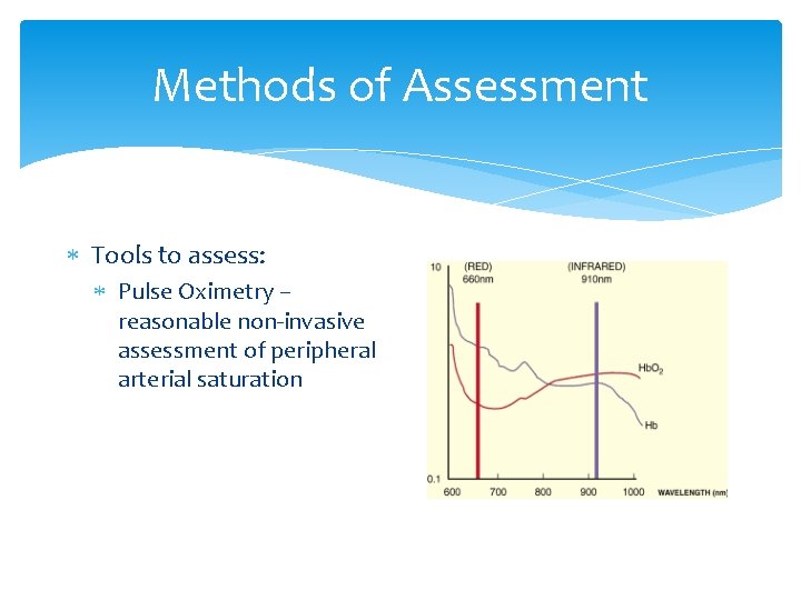 Methods of Assessment Tools to assess: Pulse Oximetry – reasonable non-invasive assessment of peripheral Methods of Assessment Tools to assess: Pulse Oximetry – reasonable non-invasive assessment of peripheral