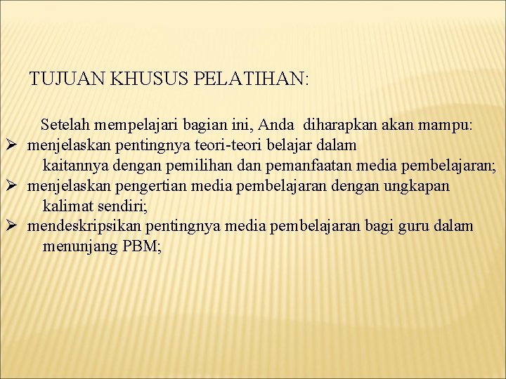 TUJUAN KHUSUS PELATIHAN: Setelah mempelajari bagian ini, Anda diharapkan akan mampu: Ø menjelaskan pentingnya
