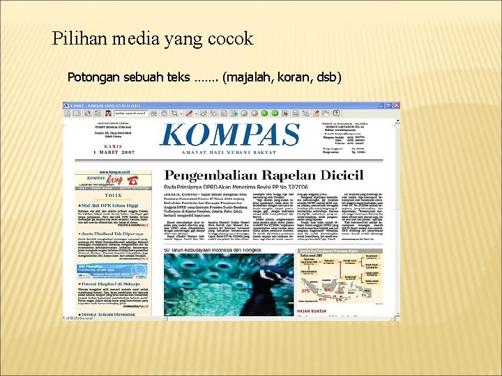 Pilihan media yang cocok Potongan sebuah teks ……. (majalah, koran, dsb) 
