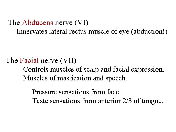 The Abducens nerve (VI) Innervates lateral rectus muscle of eye (abduction!) The Facial nerve