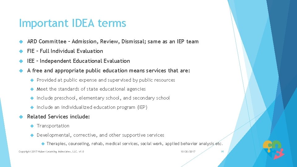 Important IDEA terms ARD Committee – Admission, Review, Dismissal; same as an IEP team