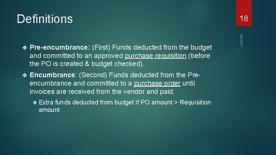Definitions Pre-encumbrance: (First) Funds deducted from the budget and committed to an approved purchase