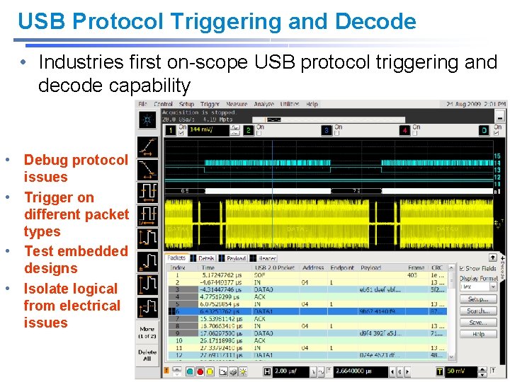 USB Protocol Triggering and Decode • Industries first on-scope USB protocol triggering and decode