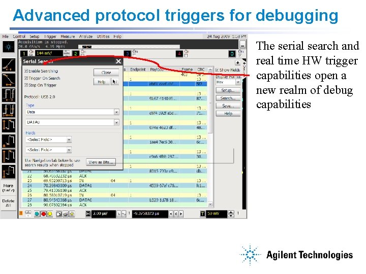 Advanced protocol triggers for debugging The serial search and real time HW trigger capabilities
