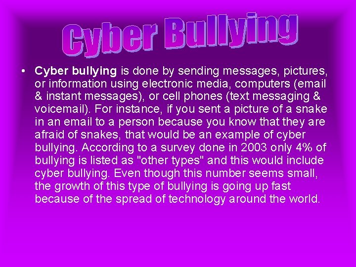  • Cyber bullying is done by sending messages, pictures, or information using electronic