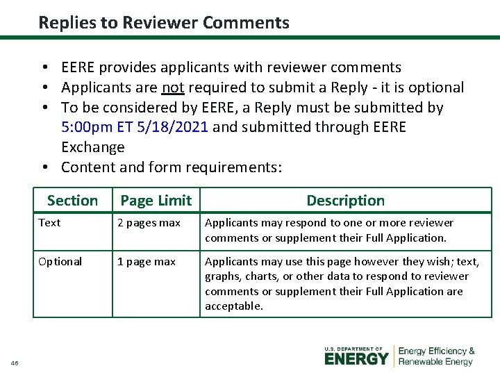 Replies to Reviewer Comments • EERE provides applicants with reviewer comments • Applicants are