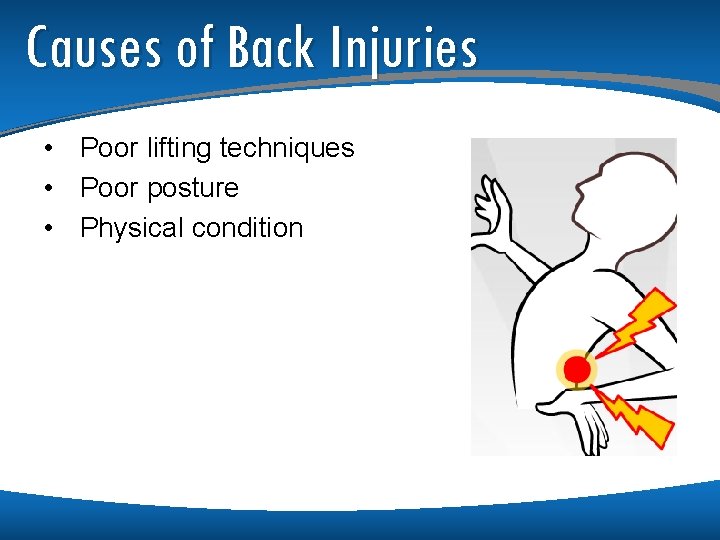 Causes of Back Injuries • Poor lifting techniques • Poor posture • Physical condition