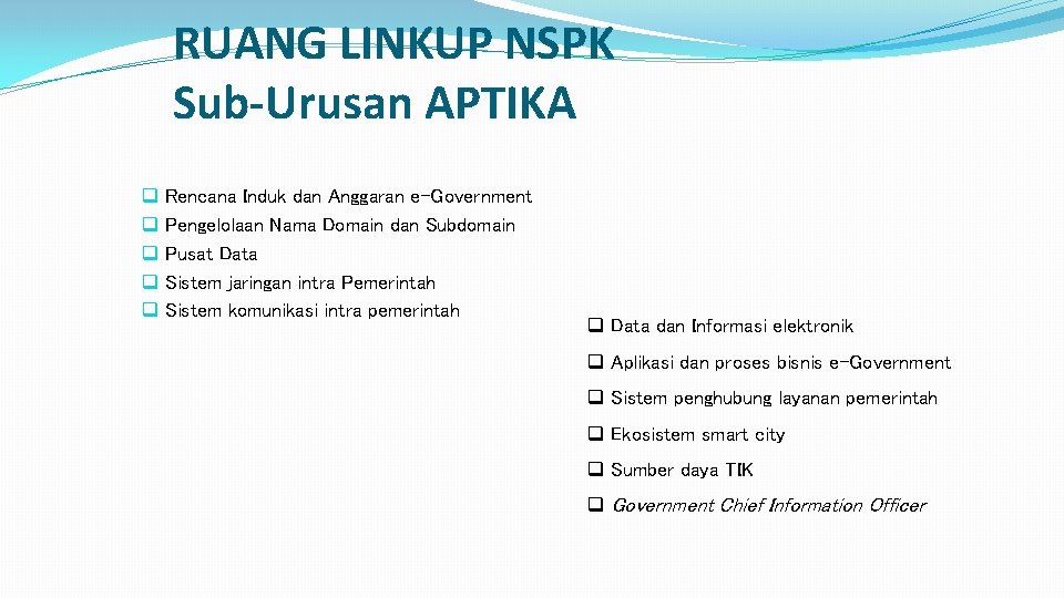 RUANG LINKUP NSPK Sub-Urusan APTIKA q q q Rencana Induk dan Anggaran e-Government Pengelolaan