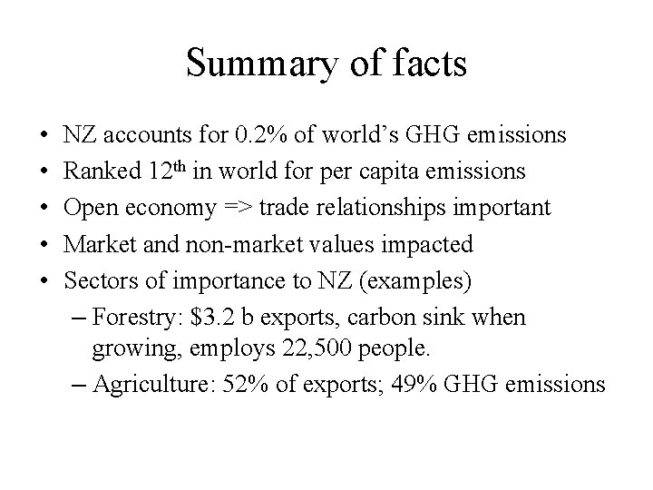 Summary of facts • • • NZ accounts for 0. 2% of world’s GHG