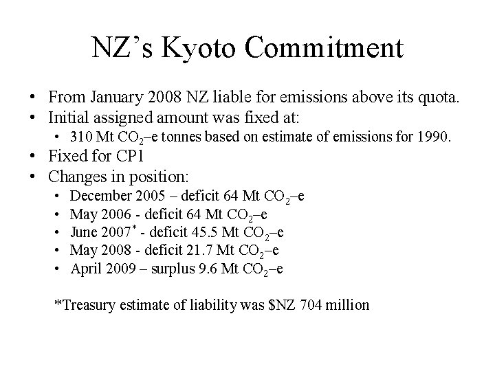 NZ’s Kyoto Commitment • From January 2008 NZ liable for emissions above its quota.